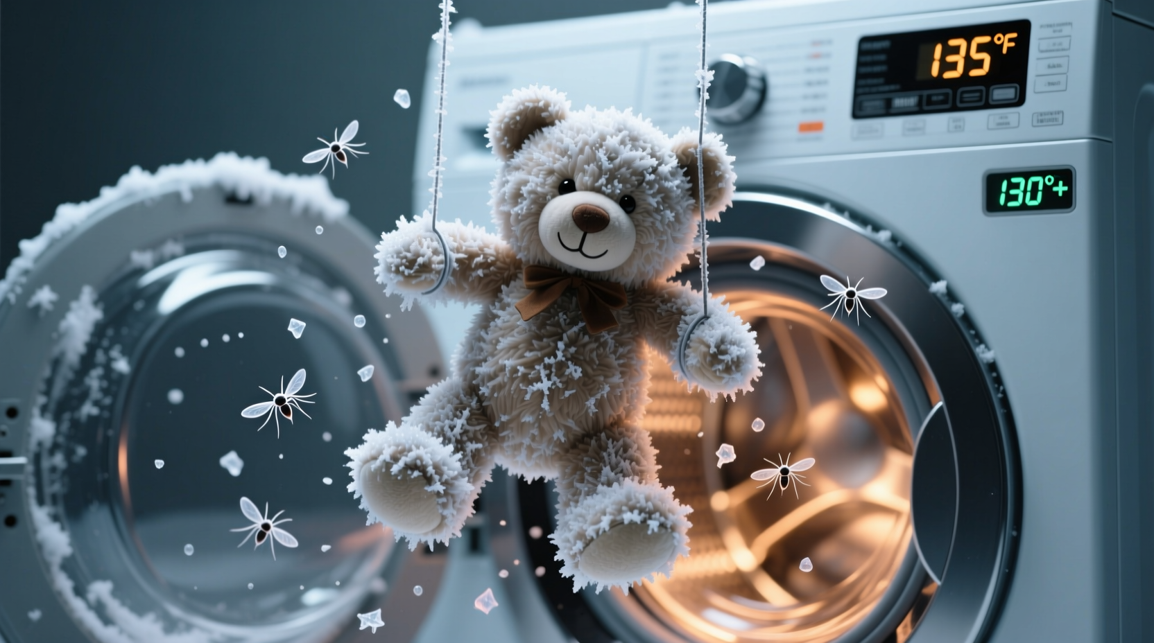 kilka pluszaków w foliowym worku wewnątrz zamrażarki domowej